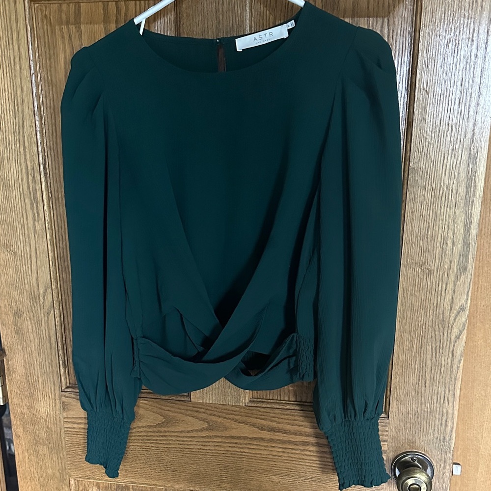 ASTR Emerald Green Draped Long-Sleeve Blouse